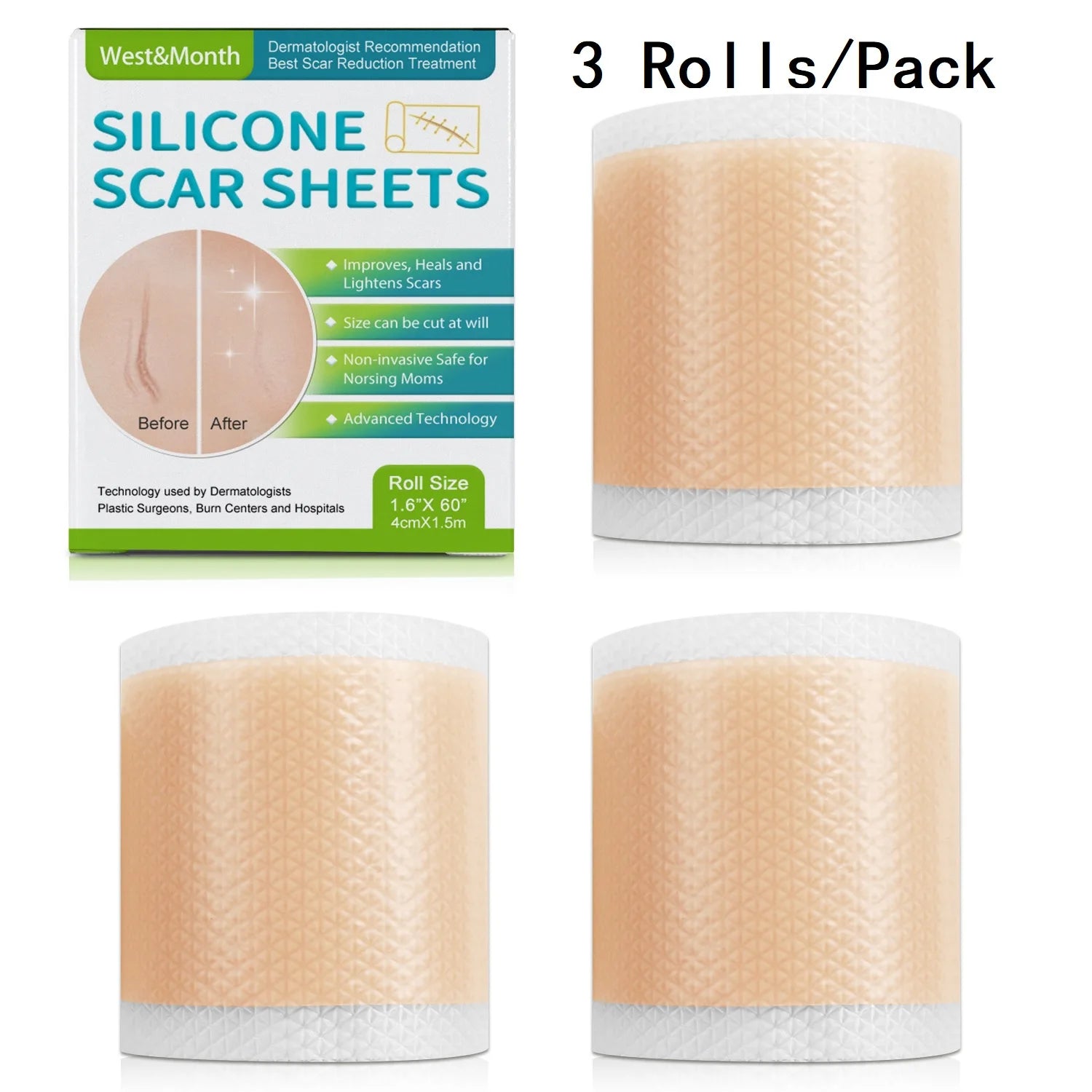 3 Rolls/Pack (1 roll=4cm*1.5m) Reusable Silicone Scar Tape